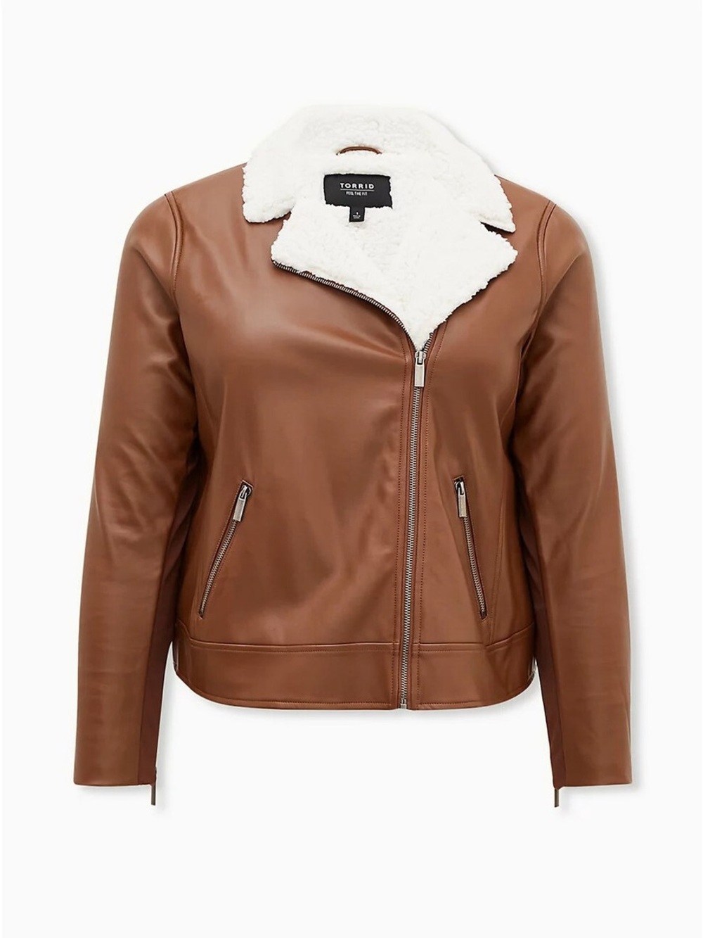 Torrid Cognac brown faux leather Sherpa lined moto zip up jacket 💜